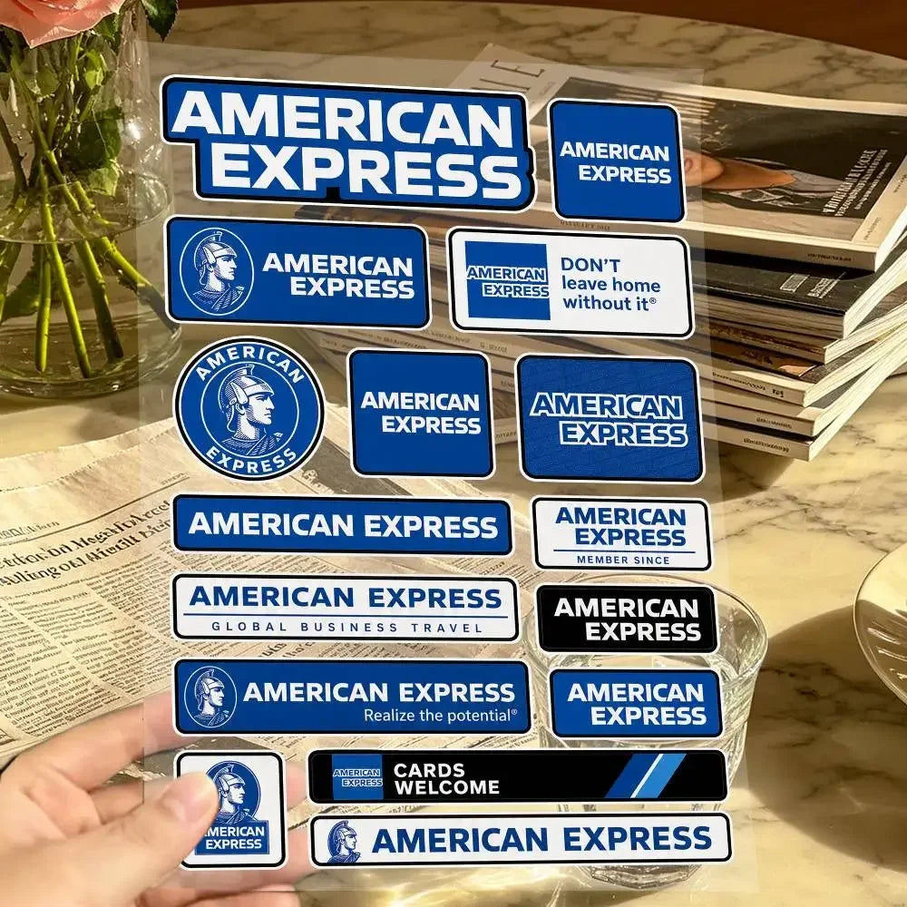 stickers american express vintage adhésifs bleu blanc rouge marron transparents motifs logos