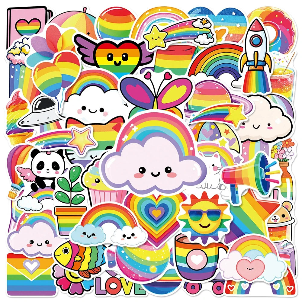 sticker mignon dessin animé arc ciel multicolore coeur nuage papillon 30pcs
