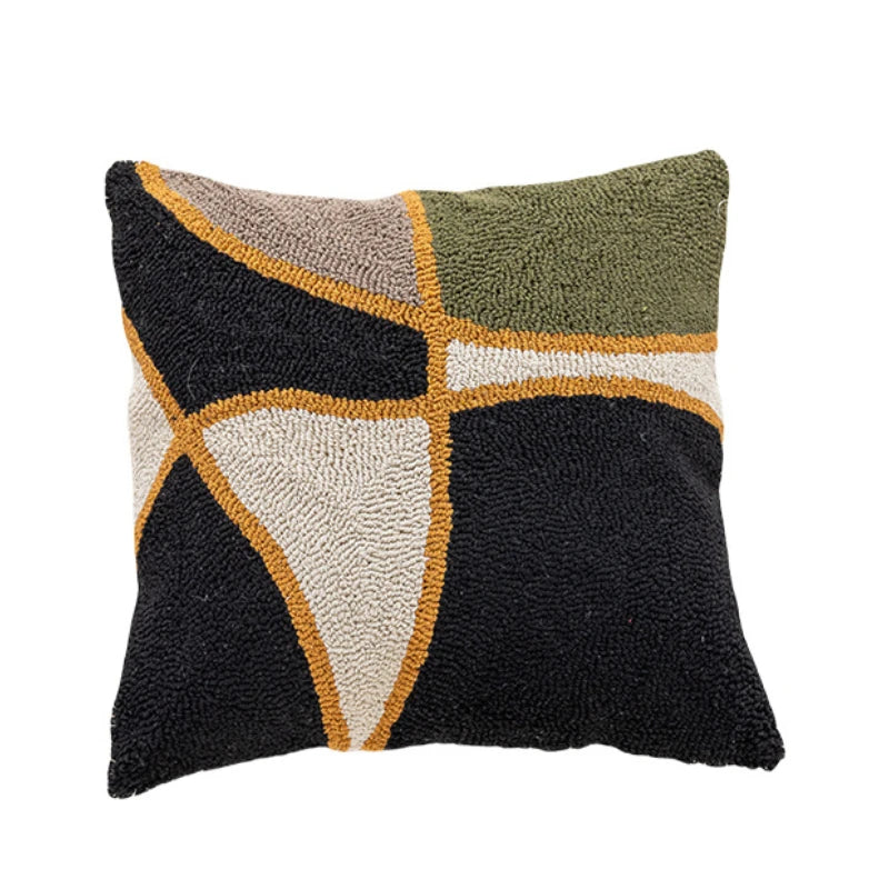taie d'oreiller géométrique abstraite brodée vert beige boho chic coussin tufté 45x45cm motifs linéaires