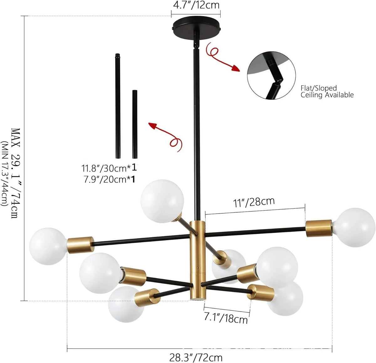 lustre moderne 10 ampoules doré noir chrome sphères blanches structure métallique scandinave