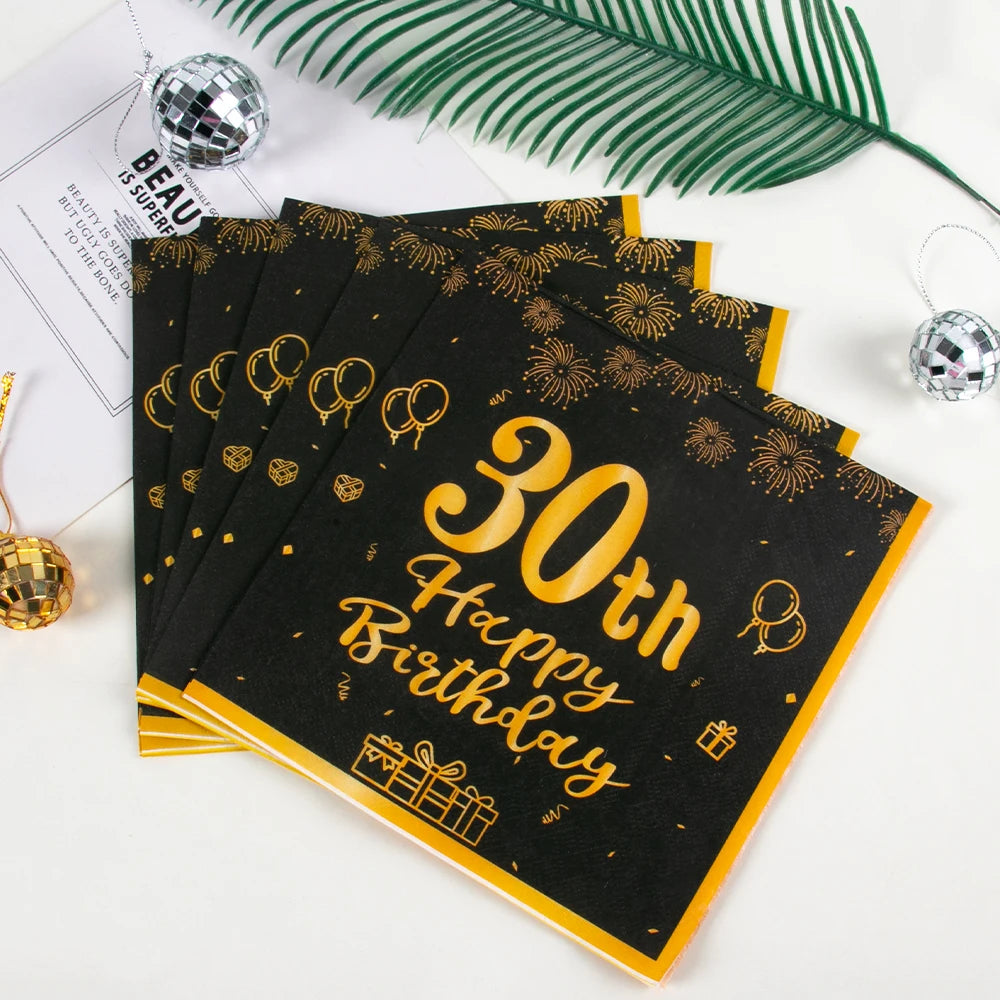 serviettes papier festives anniversaire adultes motifs ballons cadeaux feux dartifice or noirs classiques