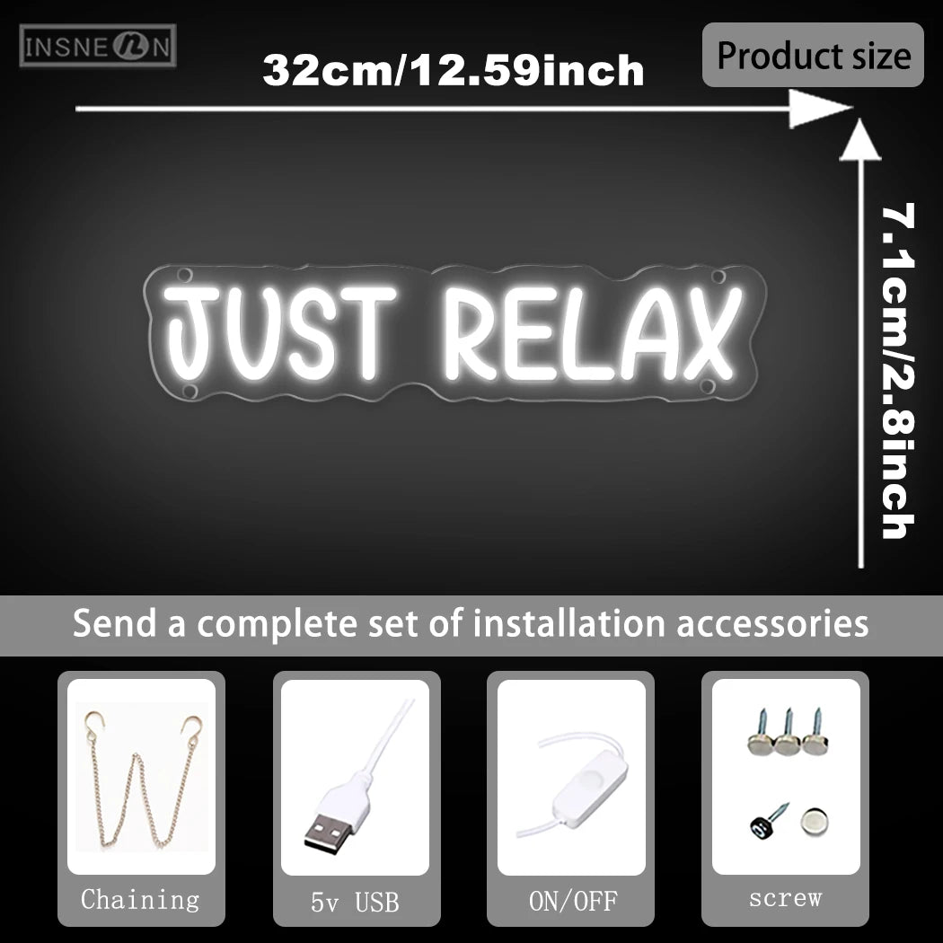 néon lumineux JUST RELAX blanc moderne câble USB interrupteur ON/OFF fixations chambre décoration festive