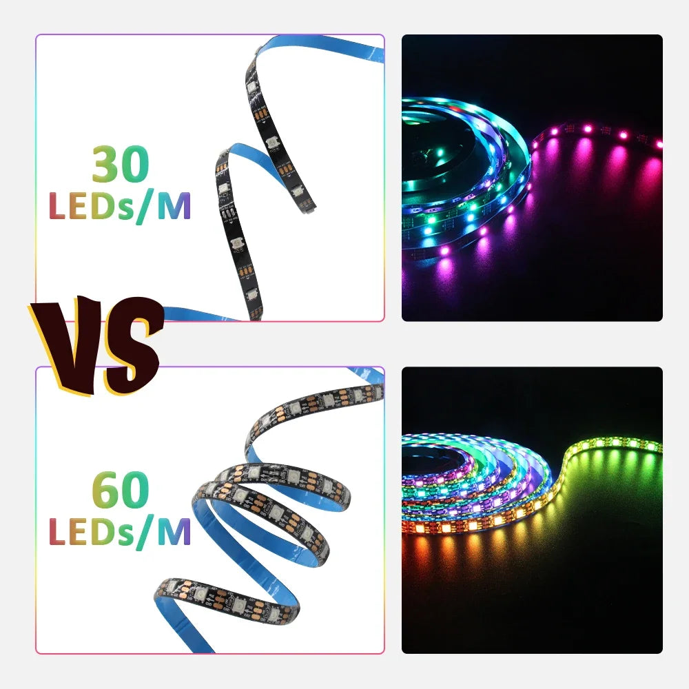 ruban led noir bleu multicolore ws2812b ip65 ip30 adhésif addressable 30leds 60leds modernes