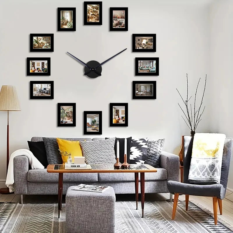 horloge murale moderne noire cadres photo aiguille quartz métal salon