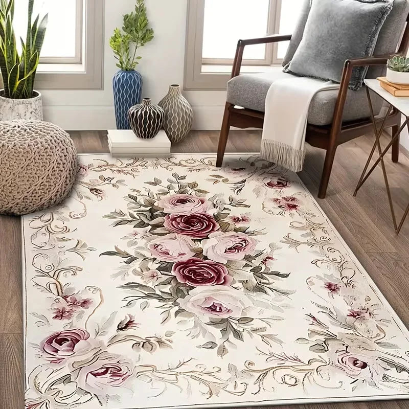 tapis vintage floral beige rose rouge vert noir classique salon chambre décoration maisonextérieur