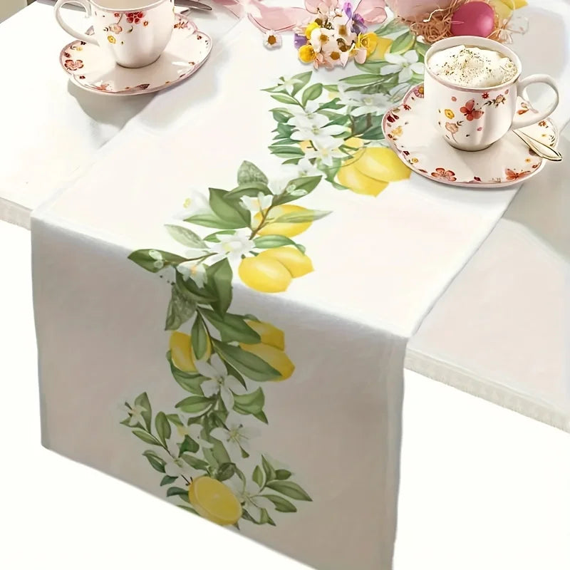 tableau lin motif feuilles fleurs citrons printemps estival blanc vert jaune decoration interieur