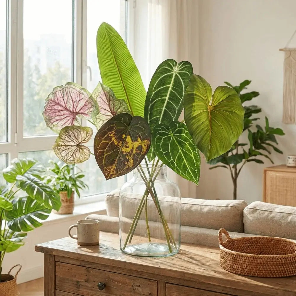 feuilles artificielles vertes veines blanches modernes décoration intérieure vase sans entretien resistant uvSetBranches