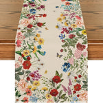 nappe rectangulaire table runner floral motifs fleurs papillons couleur beige rouge verte rustic champêtre