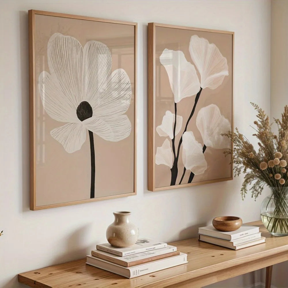 toile d'art minimaliste moderne fleurs stylisées abstrait beige blanc noir sans cadre