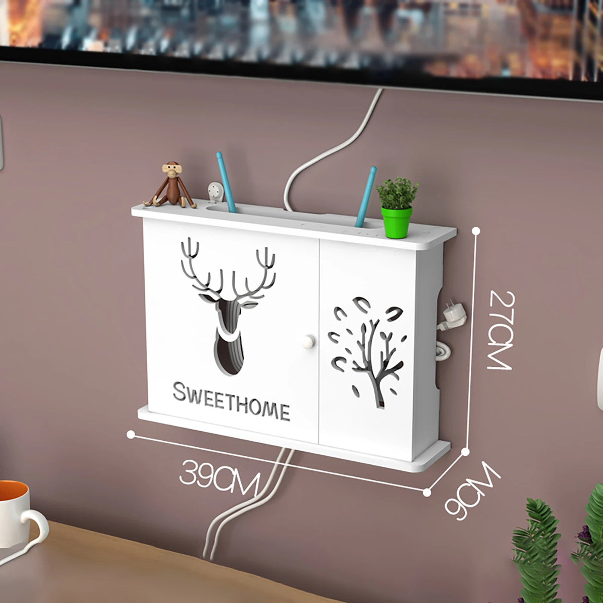 meuble rangement mural blanc bambou prises électriques étagères cable wifi