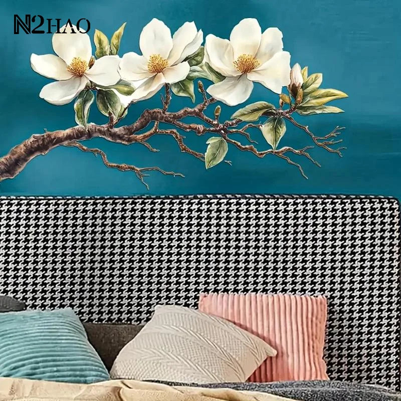 décoration murale adhésive sticker fleurs magnolia blanc marron élégante floral branches feuilles