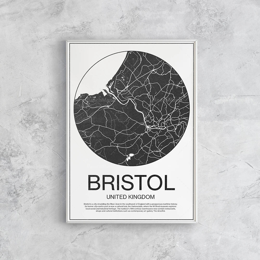 Affiche minimaliste représentant une carte de la ville de Bristol au Royaume-Uni, avec son nom affiché en dessous.