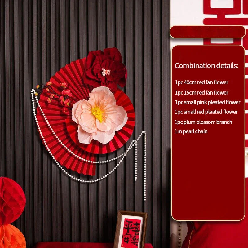 décoration murale festive asiatique fanions papier fleurs motifs calligraphie rouge blanc doré