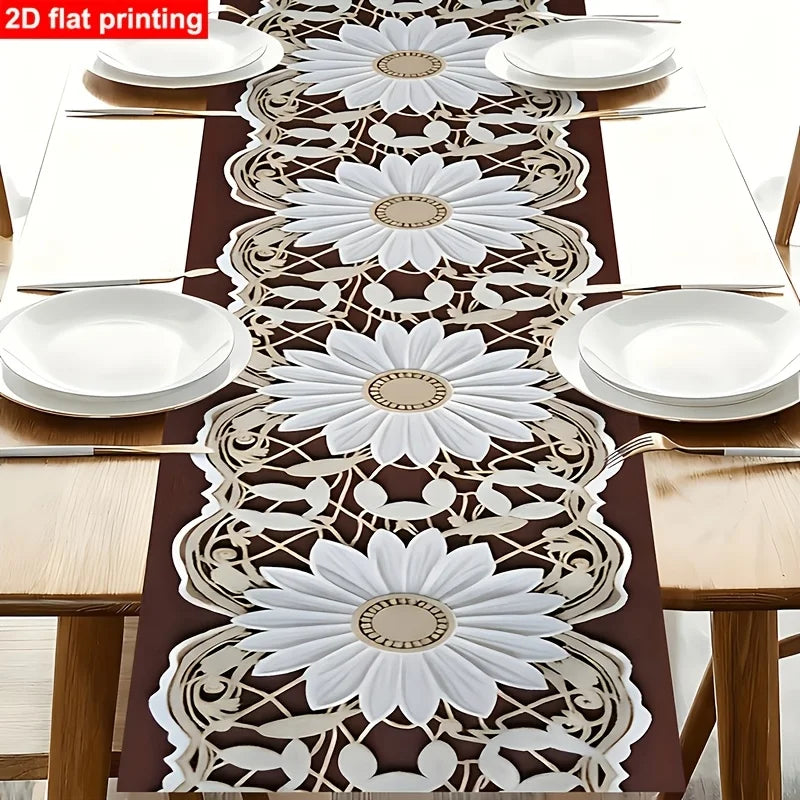 nappe lin marron motifs tournesols floral vintage dimension 90x35 150x59