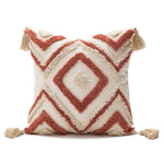 coussin décoratif boho chic blanc bleu marron beige doré motifs géométriques pompons coton