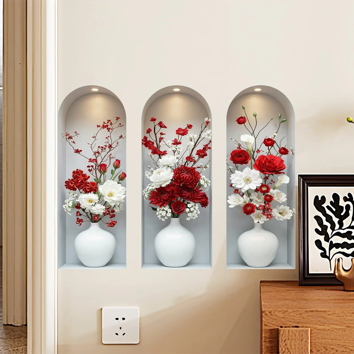 décoration murale moderne bouquet fleurs artificielles rouge blanc vase chambre salon