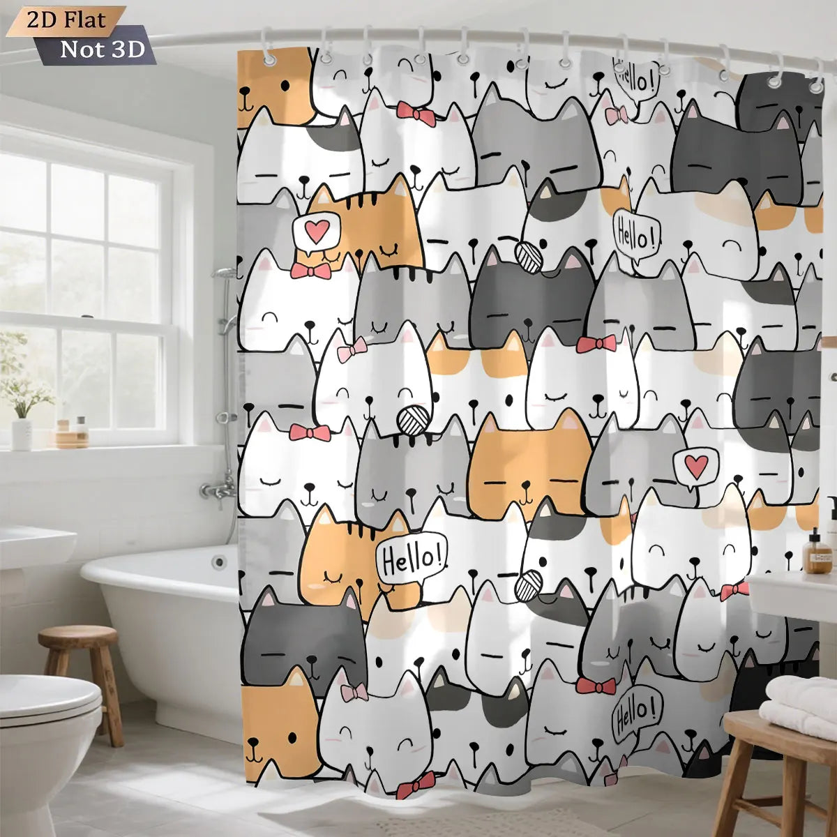 rideau douche imperméable chat dessin animé mignon exprime hello crochets gris blanc orange rose