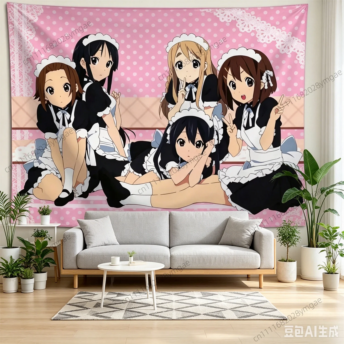 tapisserie anime mignonne pois blanc fond rose bordure dentelle chambre adolescente decoration murale