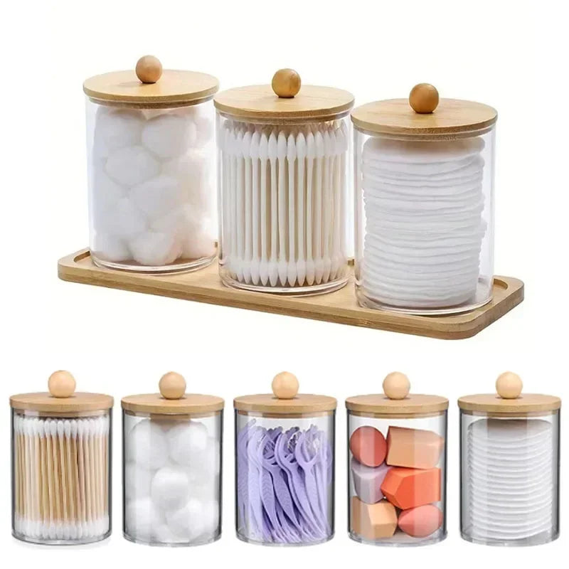 organisateur cosmétique transparent couvercle bambou moderne rangement maquillage coton sucreries cure dents pinceaux