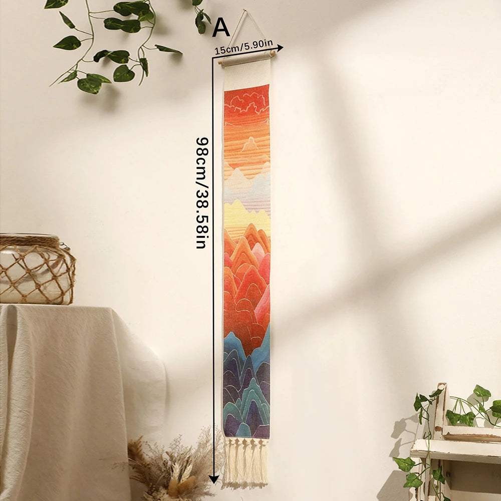 tenture murale bohème paysage montagnes soliel coton orange rouge bleu beige blanc minimaliste