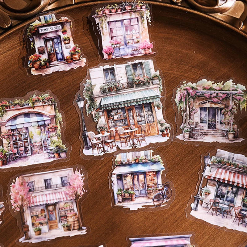 autocollants vintage multicolores scènes rues boutiques fleurs lanternes adhésifs jardin extérieur