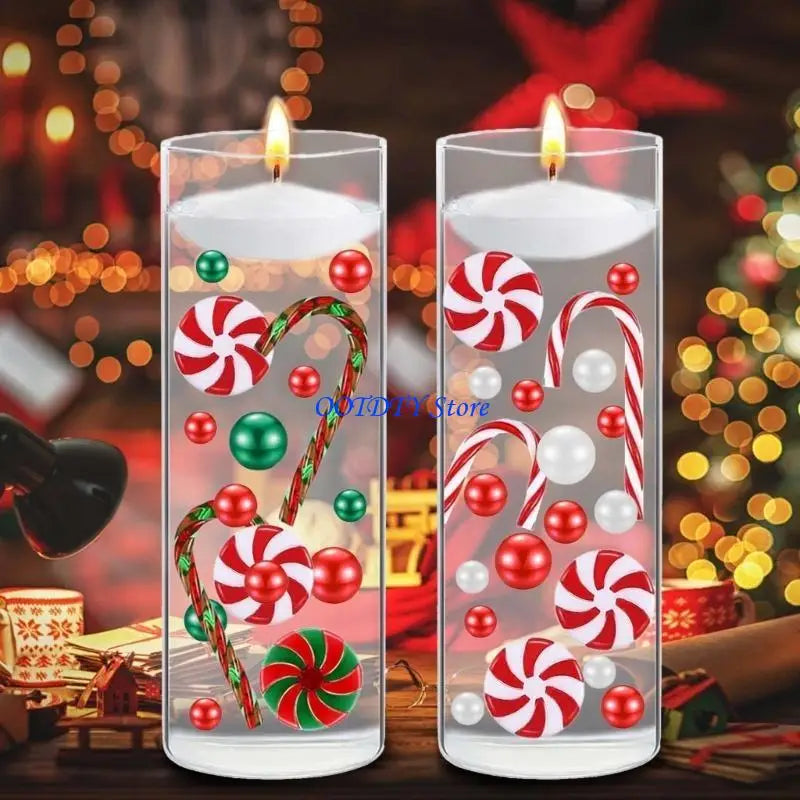bougies flottantes noel transparentes cannes sucre boules rouges vertes blanches