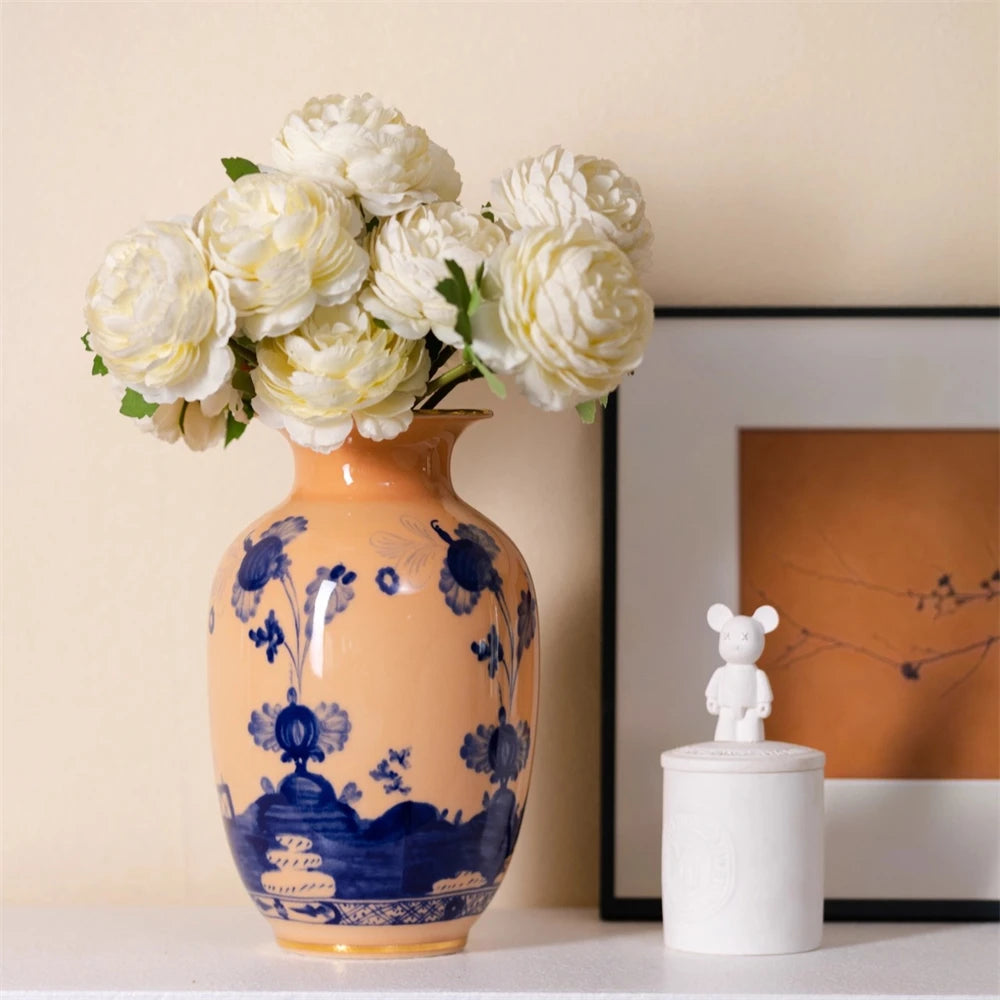 vase céramique motif floral bleu blanc décoration maison fleurs artificielles peonies rose violet