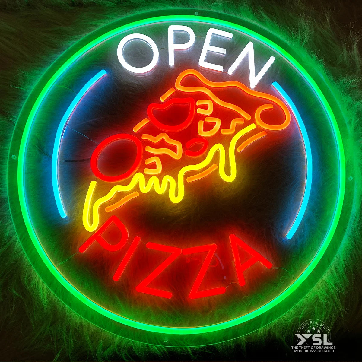 panneau lumineux open pizza néon bleu rouge jaune décoration restaurant fixations adaptateur télécommande optional