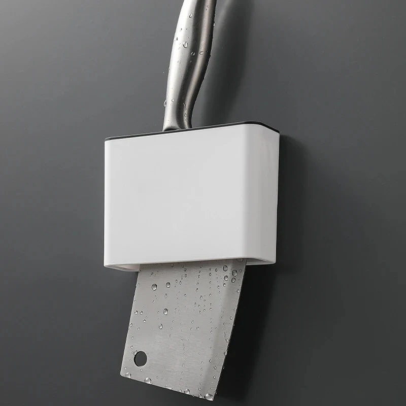 support mural blocs couteaux blancs moderne adhésif poignées bois métal minimaliste rangement cuisine
