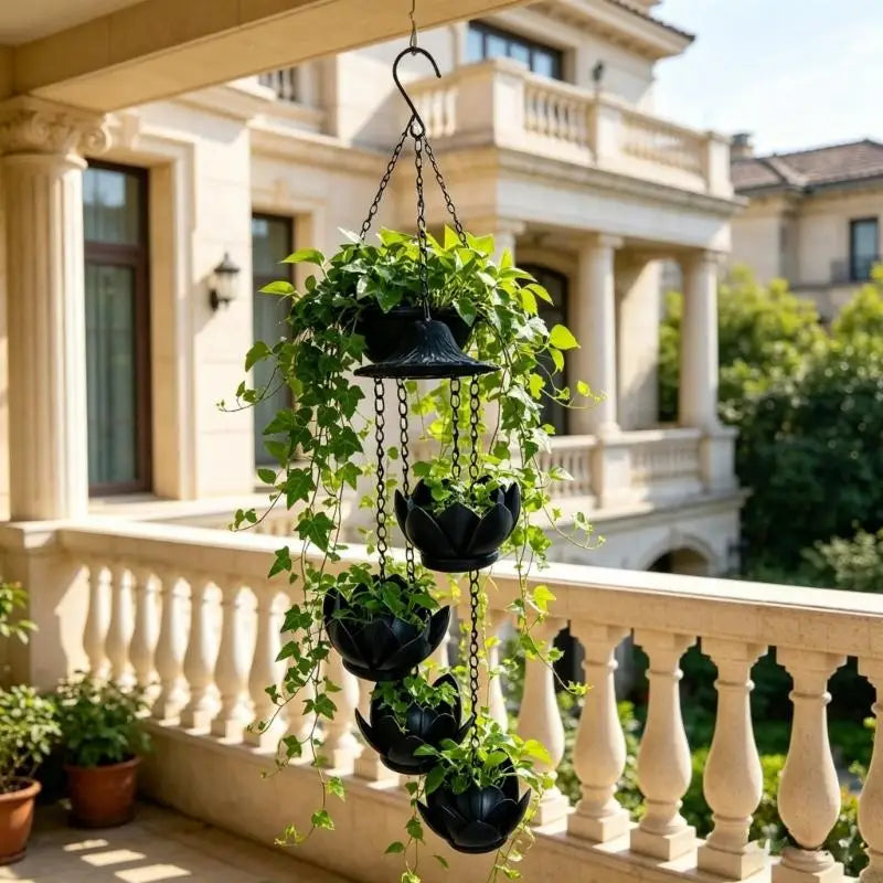 suspension fleurs suspendues moderne crochet chaîne noir formes fleurs stylisées jardin extérieur drainage métal