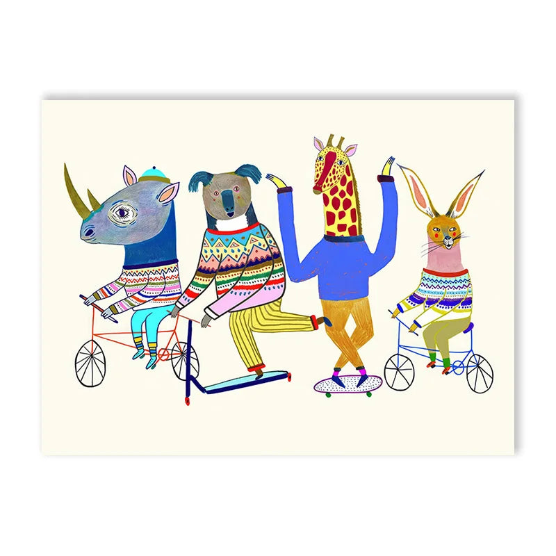 affiche animaux illustrés moderne chambre enfant multicolore verte jaune bleue orangée pop art sans