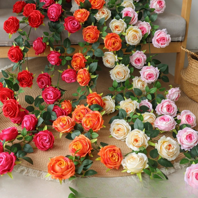 guirlande fleurs artificielles roses feuilles vertes décoration intérieure classique 1.7m 7cm rouge rose blanc