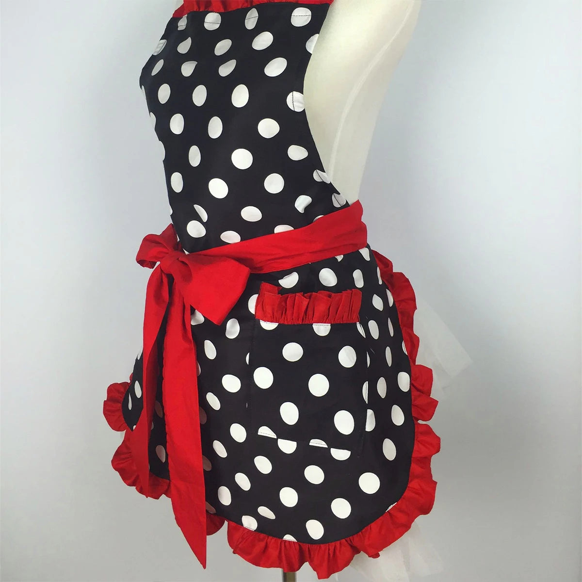 tablier rétro vintage pois noir blanc femme poches volants réglables couleurs multiples