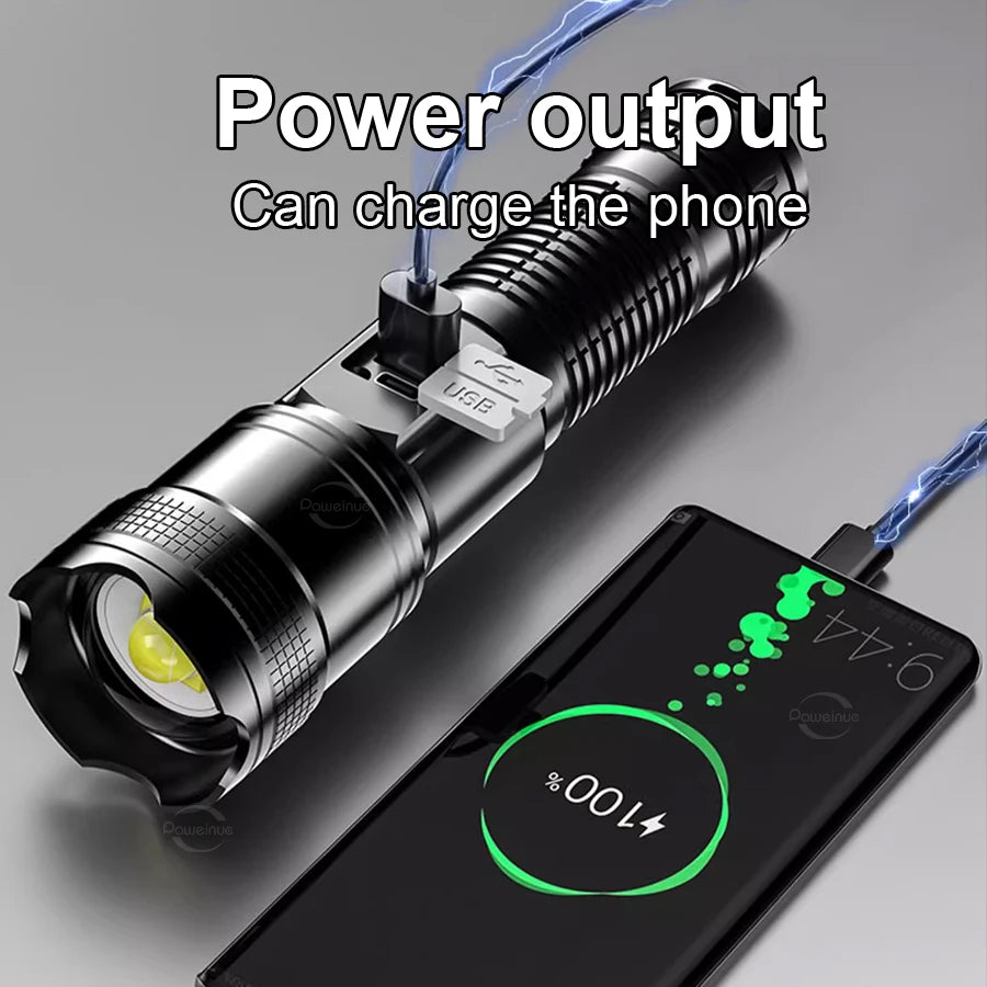 lampe torche led rechargeable usb zoom intense résistance chocs banque alimentation affichage oled noir