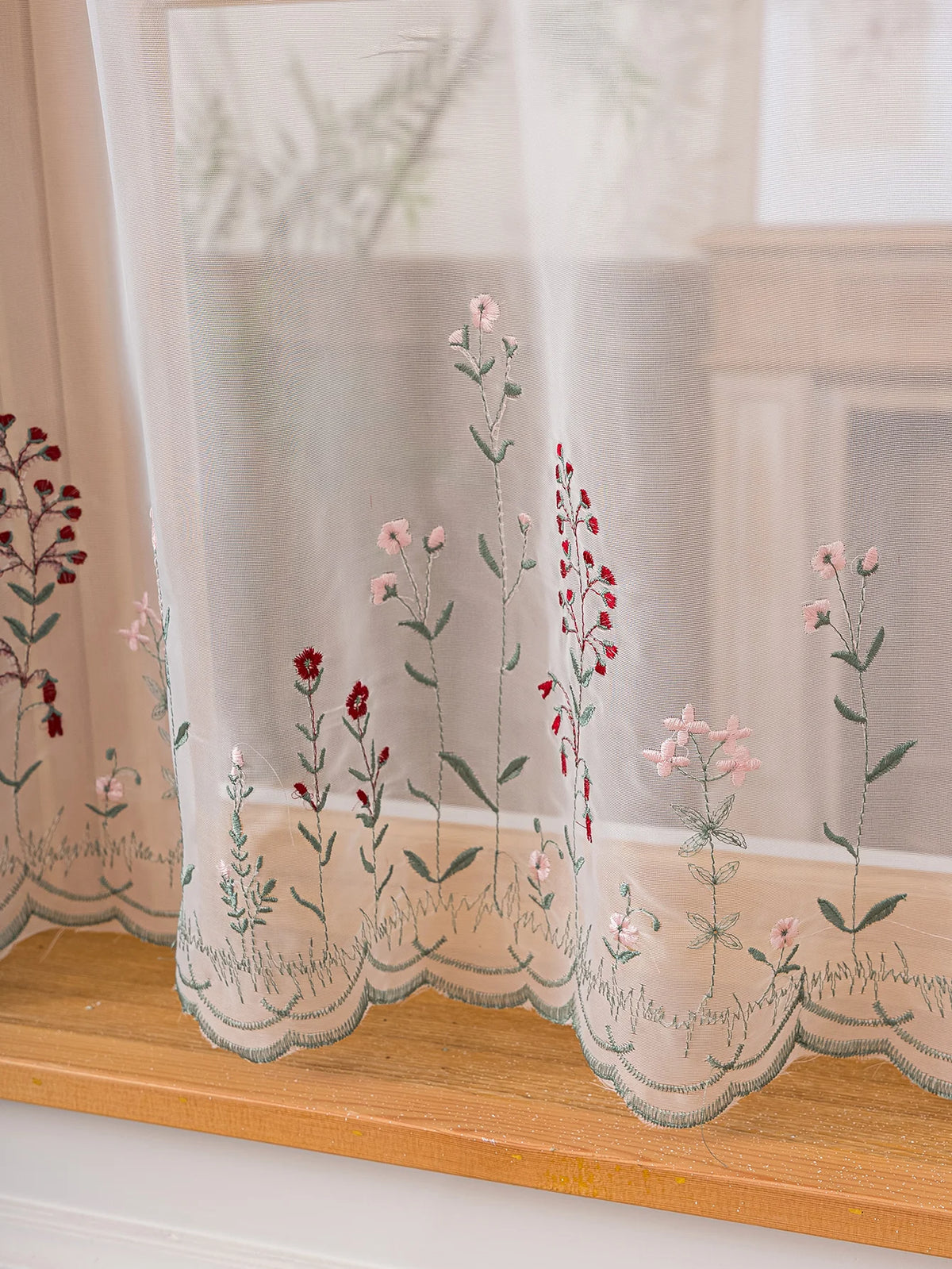 rideau polyester brodé floral transparent classique cuisine fenetre blanc rouge vert