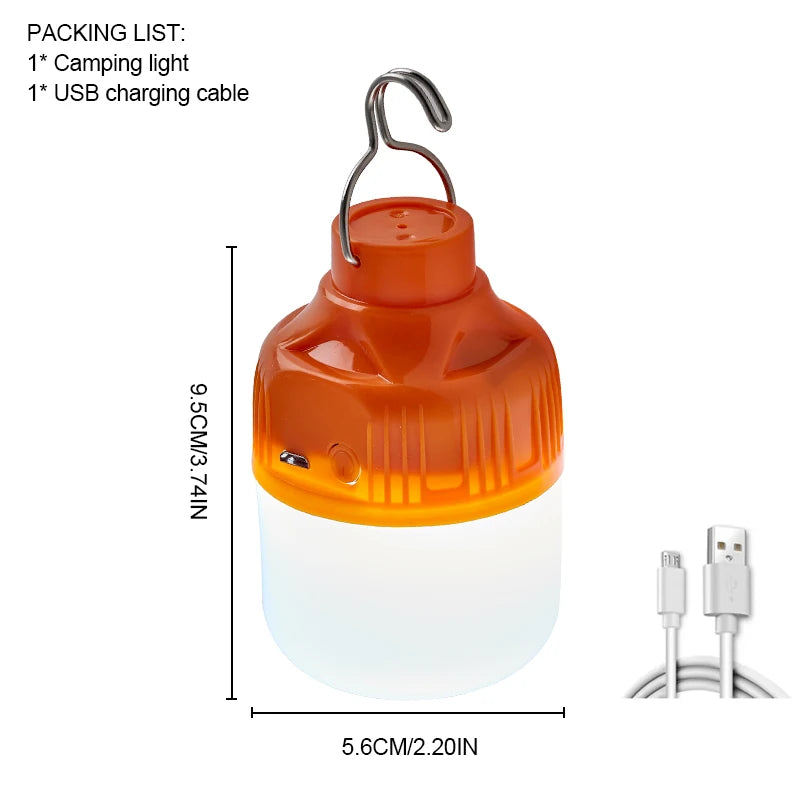 lampe camping rechargeable led blanc orange moderne crochet métal recharge usb haute luminosité