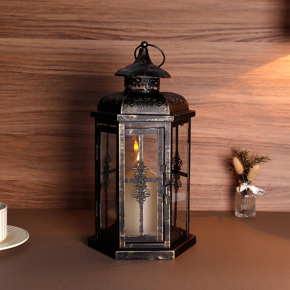 lanterne vintage métal fer ornements floraux transparent noire décoration intérieure mariage bougie inclusion anneaux