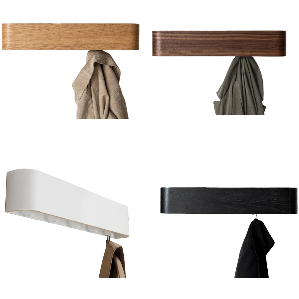 porte manteaux mural moderne minimaliste bois chêne clair foncé blanc noir texture naturelle minimaliste