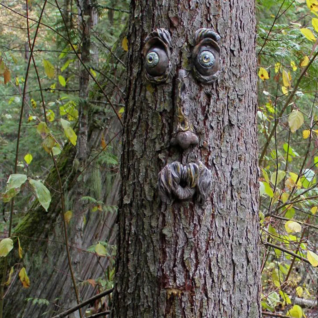 masque arbre résine yeux plastique moustache barbe artisanal jardin décoration pastorale naturelle