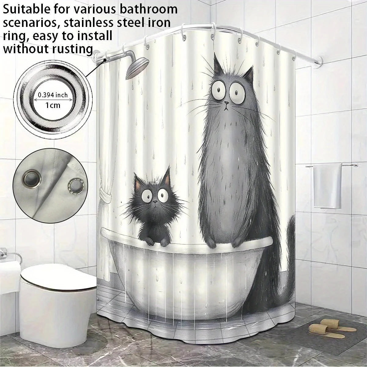 rideau douche chats baignoire illustration humoristique anneaux métalliques opacité blanc gris noir