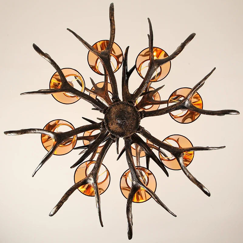 lustre rustique vintage têtes antlers noirs marron clair salon salle manger