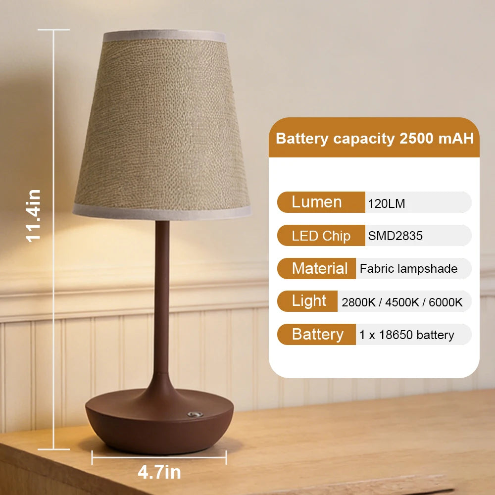 lampe chevet portable sans fil abatjour tissu texturé base marron abatjour crème controle tactile