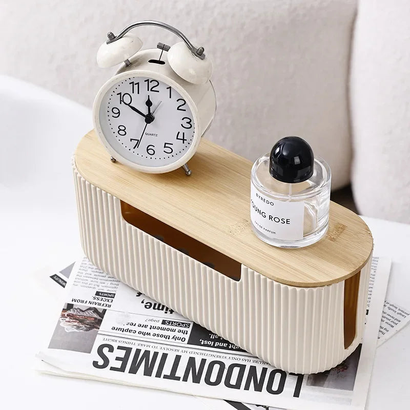 boîte rangement tissus moderne beige noir blanc rayures verticales stockage cordon charge organiser câbles
