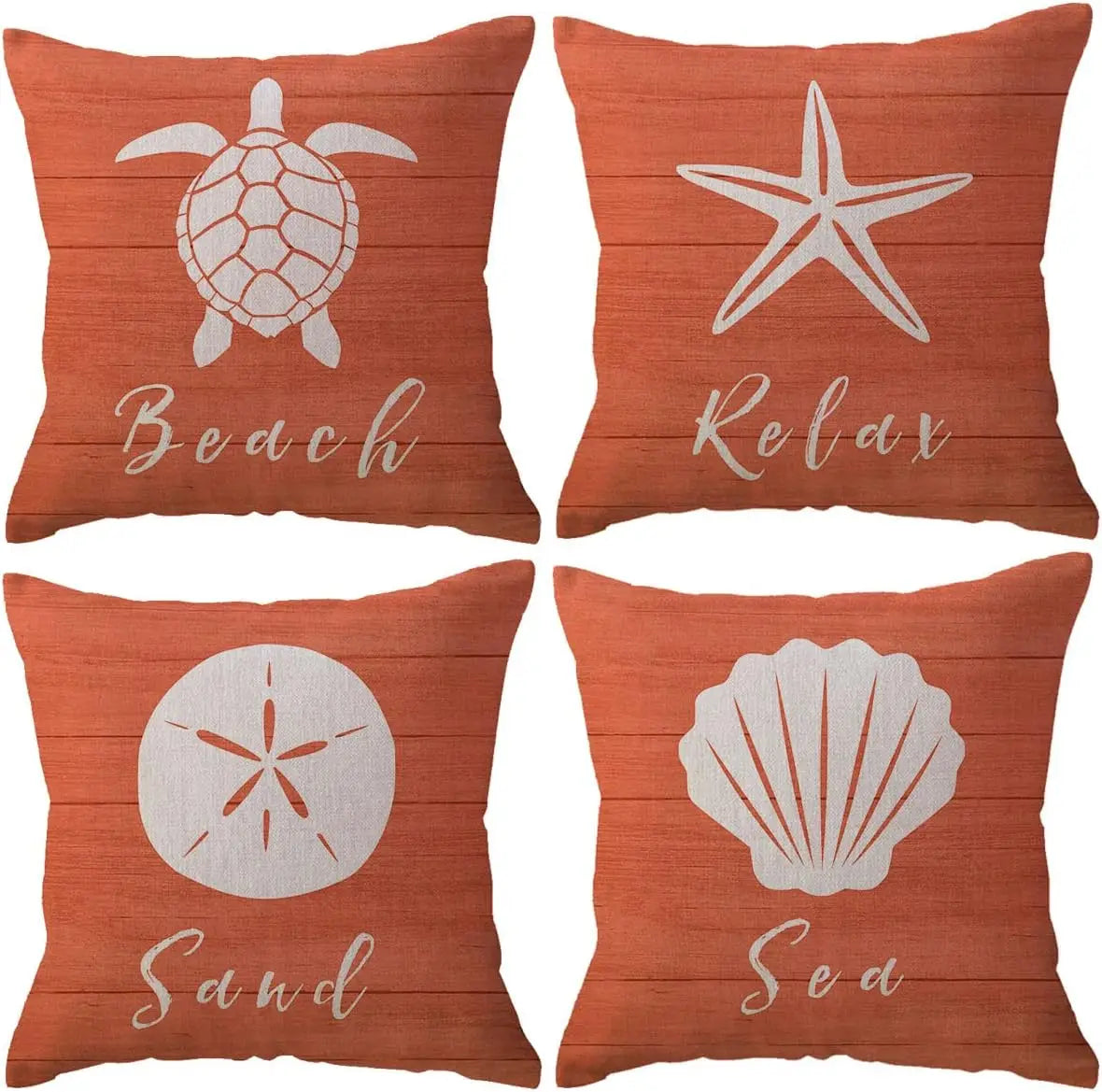 coussin carré motif marin étoile mer coquillage tortue texture lin coton orange rustique