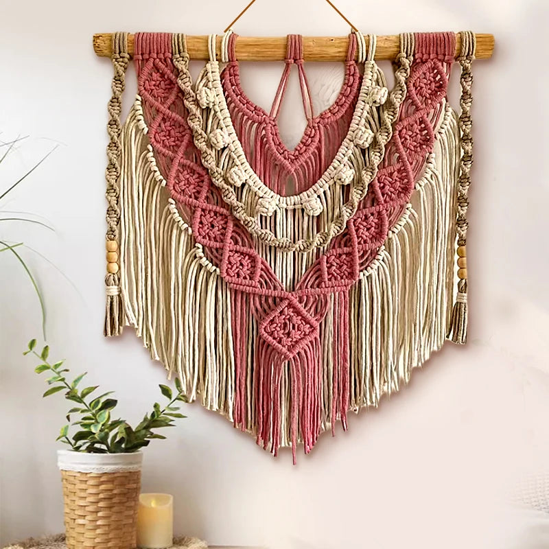 tapisserie macramé bohème coton beige crocheté franges bois décoration murale