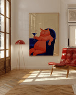 affiche murale illustration chat vin couleur or bleu noire blanche moderne