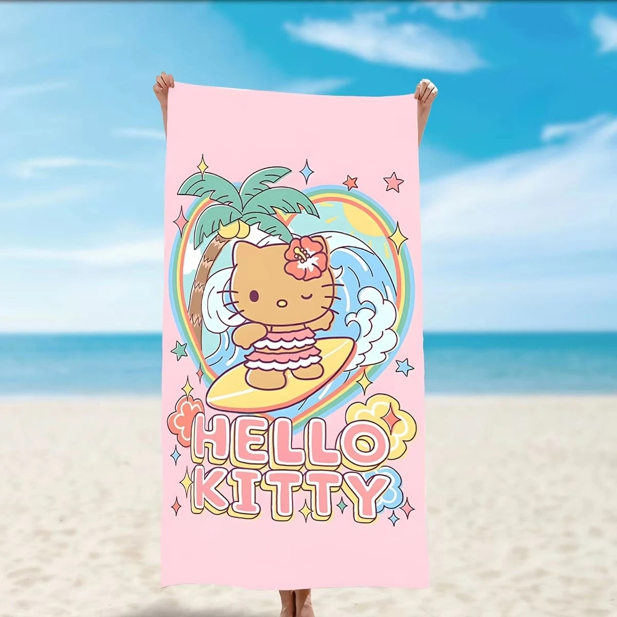 serviette plage hello kitty rose clair dessin animé séchage rapide polyester rectangle lavable machine