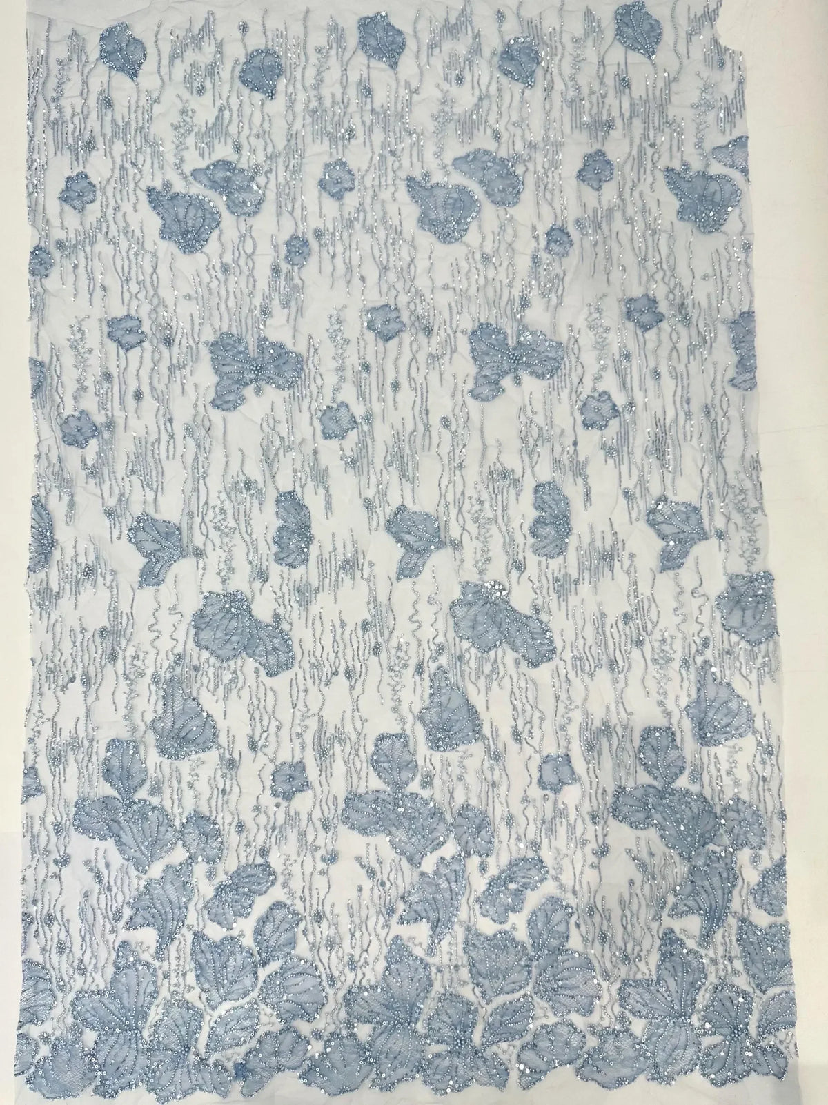 tissu dentelle broderie bleu clair élégant translucide polyester nylon large