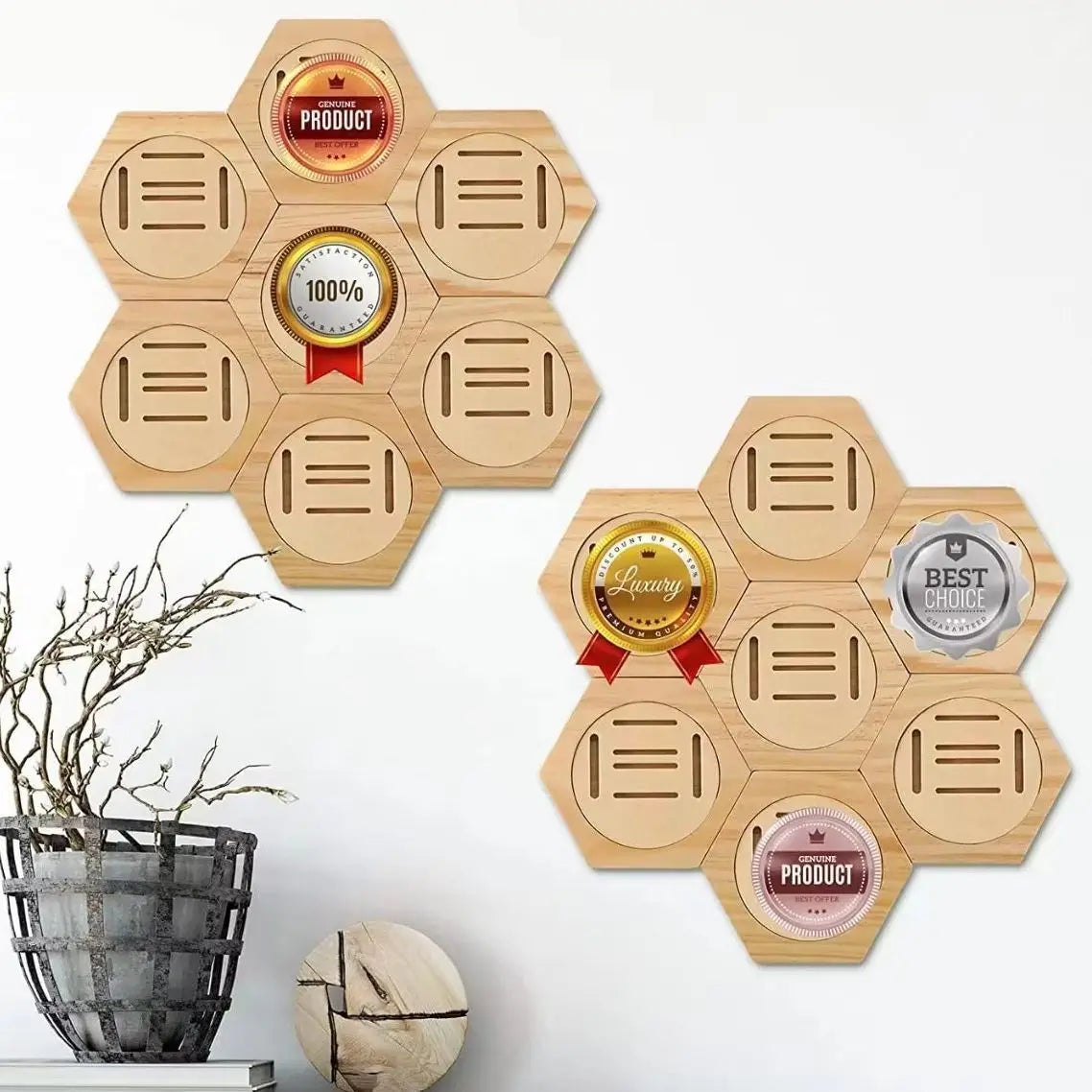 support mural médailles bois naturel hexagonal moderne minimaliste adhésif élégant rangement decoration