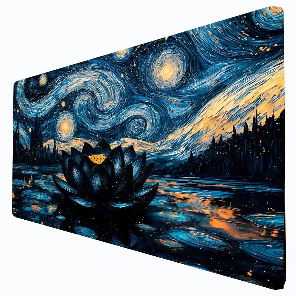 tapis jeu nuit étoilée paysage nuages lotus bleu noir cartes jeu non glissant